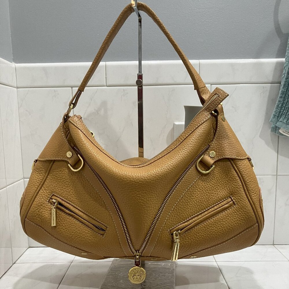 Versace Medusa Saddle Leather Zip Studded Hobo Bag - 100% Authentic